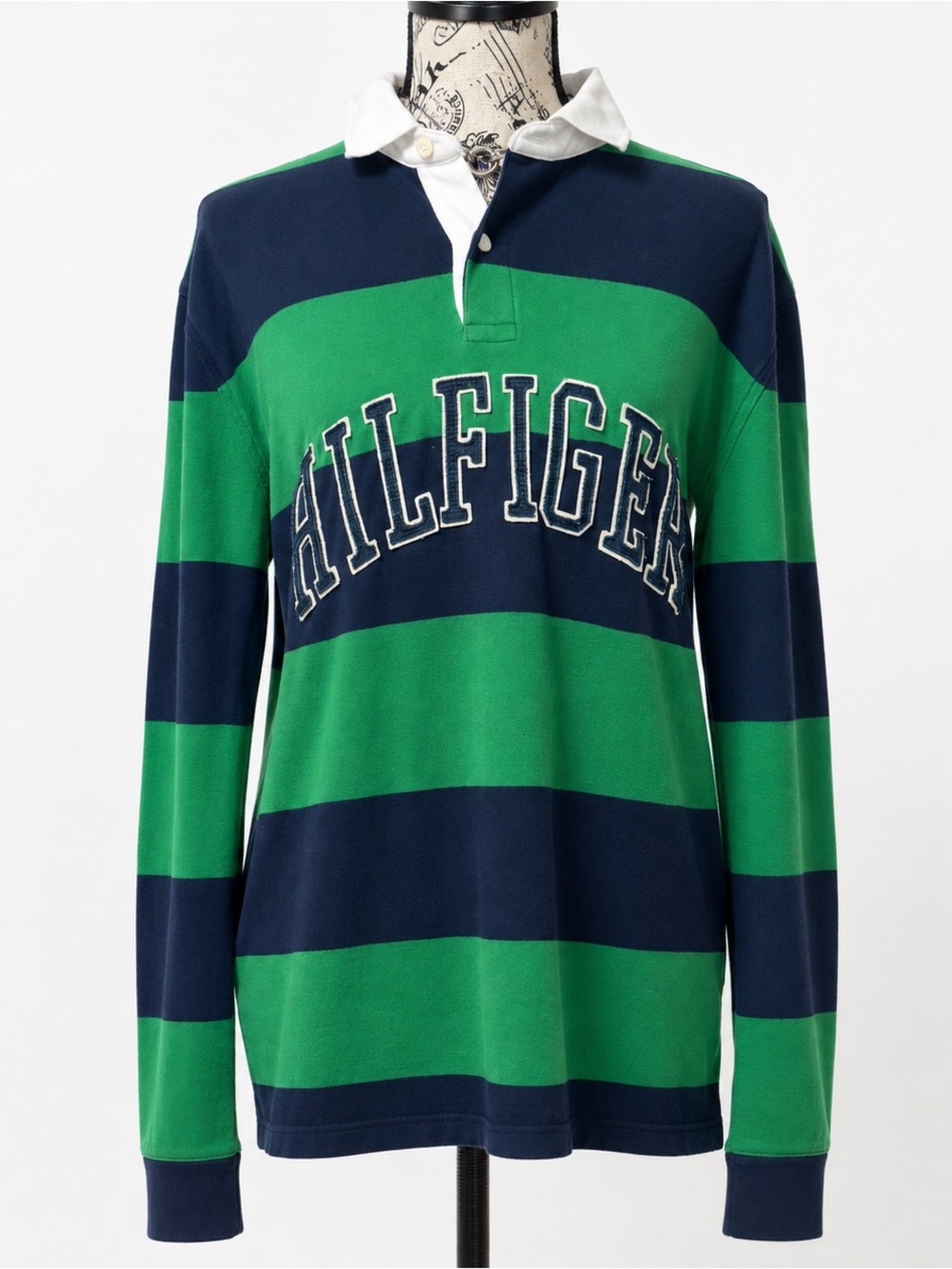Tommy Hilfiger Green & Navy Striped Rugby Crewneck Sweater